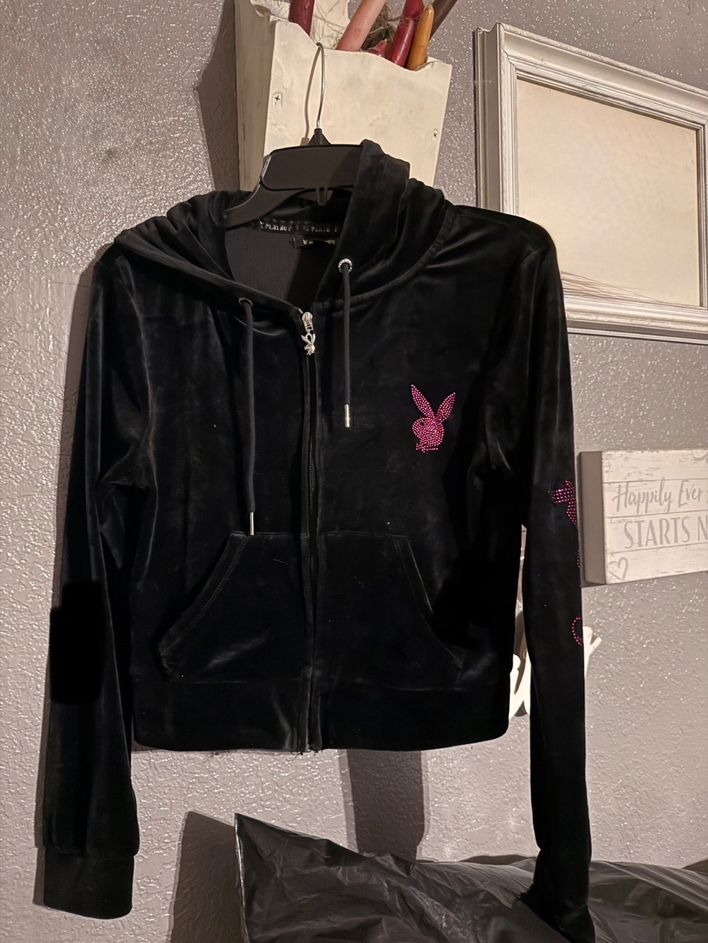 PLAYBOY Black Velour Zip Hoodie with Pink Crystal Bunny Accents